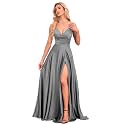 V Neck Satin Prom Dresses with Slit Long A line Formal Bridesmaid Dresses for Women BDL004