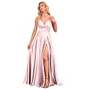 V Neck Satin Prom Dresses with Slit Long A line Formal Bridesmaid Dresses for Women BDL004