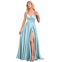 V Neck Satin Prom Dresses with Slit Long A line Formal Bridesmaid Dresses for Women BDL004