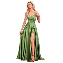 V Neck Satin Prom Dresses with Slit Long A line Formal Bridesmaid Dresses for Women BDL004