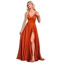 V Neck Satin Prom Dresses with Slit Long A line Formal Bridesmaid Dresses for Women BDL004
