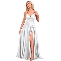 V Neck Satin Prom Dresses with Slit Long A line Formal Bridesmaid Dresses for Women BDL004