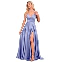 V Neck Satin Prom Dresses with Slit Long A line Formal Bridesmaid Dresses for Women BDL004