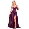 V Neck Satin Prom Dresses with Slit Long A line Formal Bridesmaid Dresses for Women BDL004