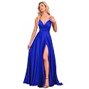 V Neck Satin Prom Dresses with Slit Long A line Formal Bridesmaid Dresses for Women BDL004