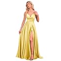 V Neck Satin Prom Dresses with Slit Long A line Formal Bridesmaid Dresses for Women BDL004