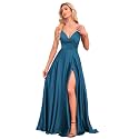 V Neck Satin Prom Dresses with Slit Long A line Formal Bridesmaid Dresses for Women BDL004
