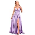 V Neck Satin Prom Dresses with Slit Long A line Formal Bridesmaid Dresses for Women BDL004