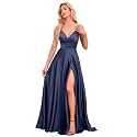 V Neck Satin Prom Dresses with Slit Long A line Formal Bridesmaid Dresses for Women BDL004