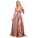 V Neck Satin Prom Dresses with Slit Long A line Formal Bridesmaid Dresses for Women BDL004