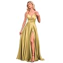V Neck Satin Prom Dresses with Slit Long A line Formal Bridesmaid Dresses for Women BDL004