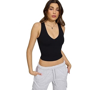 V Neck Sleeveless Crop Top Black Casual