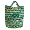 Jute &amp; Green Chindi Planter Pots/Storage Basket with Handle, Multi-Purpose use(10x12 Inche)