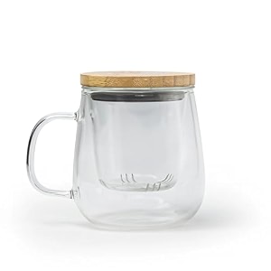 vyu tea amp blends brew nest infuser tea glass mug  420ml  heat-resistant premium glass  hand-blown elegance with bamboo lid  thermal shock resistant  perfect for brewing teas with natural flavors