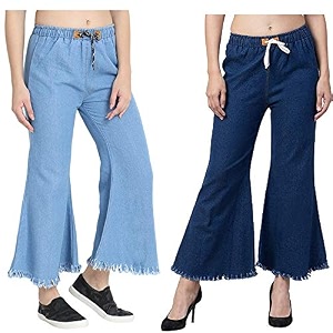 v3e casual flared denim palazzo pants for women dark blue-pack of 02