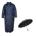 V3E Women's Combo of Long PVC Hooded Raincoat|Over Raincoat with Carry Bag and Black 3 Folded Umbrella with Cover (Blue)
