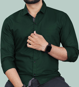 VAAADDO Men Solid Casual Dark Green Shirt