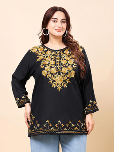 VAAMII Casual Embroidered Women Black Top