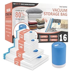 cozy essential polyethylene vacuum storage bags with electric pump 16 pack 2 jumbo2 large6 medium6 small vacuum seal space bags for clothing pillows blanket bedding comforters transparent