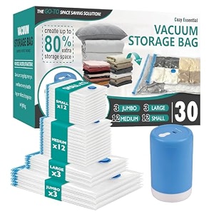 cozy essential polyethylene vacuum storage bags with electric pump 30 pack 3 jumbo3 large12 medium12 small vacuum seal space bags for clothing pillows blanket bedding comforters transparent