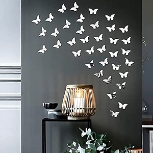 vah- kya bat hai  butterfly silver - 3d acrylic mirror decorative mirror wall sticker pack of 30 framed