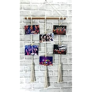 vah wood photo display macrame wall hanging pictures organizer with clips - macrame 3 line multicolor