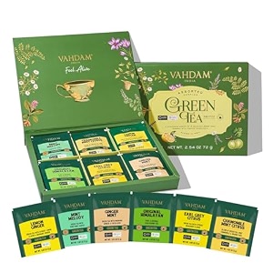 vahdam green tea variety pack sampler assortment 36 pyramid tb 6 flavor  non-gmo project verified himalayan green tea with no artificial ingredients  mother39s day anniversary birthday gift hamper
