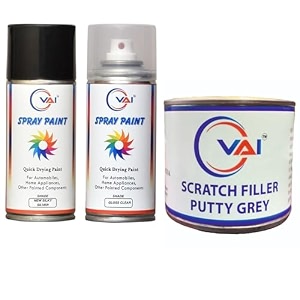 vai spray paint can compatible for maruti suzuki new silky silver and gloss clear-450 ml for maruti cars with scratch filler putty grey 200 gms for car bike with 1 putty knife and 320 grits