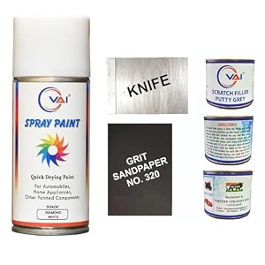vai touch up spray paint compatible for mahindra diamond white for scorpio 225 ml with scratch filler putty grey 200 gms for car bike with 1 putty knife and 320 grits