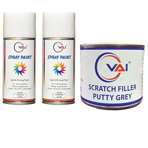 vai touch-up spray paint compatible for maruti suzuki superior white - 225ml pack of 2 with scratch filler putty grey 200g putty knife amp 320 grit sandpaper  for swift wagon r alto dzire