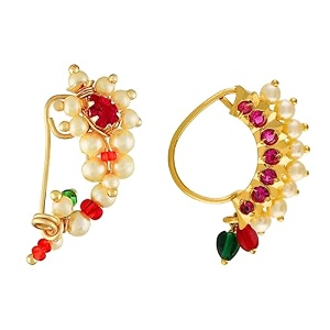 small size traditional maharashtrian nose ring for women without piercing pearl gold plated nath clip on nose ring for girls pack of 2