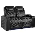 Valencia Oslo Home Theater Seating | Premium Top Grain Italian Nappa 11000 Leather, Power Recliner, Power Headrest, LED Lighting (Row of 2 Loveseat, Black)