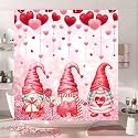 Valentines Gnomes Shower Curtain for Bathroom, Valentine's Red Pink Romantic Love Heart Tree Bath Curtains, Roses Decor Bathroom Accessories Decor with 12 Hooks 72Wx72H