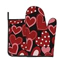 Valentines Oven Mitts and Pot Holders Sets Red Love Heart Oven Mitts Heat Resistant Romantic Valentine Day Kitchen Gloves Vintage Hot Pads Two Piece Set for Cooking Baking Grilling BBQ