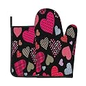 Valentines Oven Mitts and Pot Holders Sets Love Heart Polka Dot Oven Mitts Heat Resistant Valentine Day Kitchen Gloves Vintage Hot Pads Two Piece Set for Cooking Baking Grilling BBQ