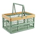 VALESKA 17inch Plastic Milk Crate,33L Collapsible Crate for Shopping and Storage, Foldable Shopping Basket with Handles,Car Trunk Basket,for Kitchen(Green)