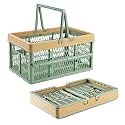 VALESKA Collapsible Crate 20L, Foldable Plastic Milk Crates for Storage, Collapsible Shopping Basket with Handles,Car Trunk Basket,for Kitchen（Green）