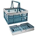 VALESKA Collapsible Crate 20L, Plastic Milk Crates for Storage, Foldable Collapsible Shopping Basket with Handles,Car Trunk Basket,for Kitchen（Deepblue）