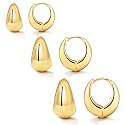 VAMA 3Pairs 18K Gold Filled Anti Tarnish Hoop Earrings Set for Women Chunky Rose Gold Silver Hypoallergenic Small Lightweight Tiny Thick Trendy Huggie Hoop Earring Stacks For Multiple Piercing