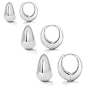 VAMA 3Pairs 18K Gold Filled Anti Tarnish Hoop Earrings Set for Women Chunky Rose Gold Silver Hypoallergenic Small Lightweight Tiny Thick Trendy Huggie Hoop Earring Stacks For Multiple Piercing