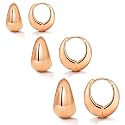 VAMA 3Pairs 18K Gold Filled Anti Tarnish Hoop Earrings Set for Women Chunky Rose Gold Silver Hypoallergenic Small Lightweight Tiny Thick Trendy Huggie Hoop Earring Stacks For Multiple Piercing