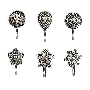 vama fashions without piercing nosering pressing type clip on oxidised silver nose pin stud for women
