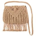 Van Caro Handwoven Cotton Straw Shoulder Bag Crochet Tassel Beach Bohemian Purse for Women