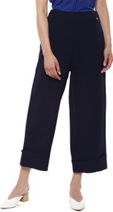 van heusen women regular fit dark blue viscose rayon trousers