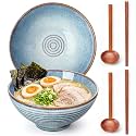 vancasso 45 oz Large Ramen Bowls Set of 2, Japanese Ceramic Noodle Bowls with Chopsticks & Spoons, Soup Bowls for Ramen, Pho, Udon, Pasta, Salad, Microwave & Dishwasher Safe, Light Blue