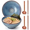 vancasso 45 oz Large Ramen Bowls Set of 2, Japanese Ceramic Noodle Bowls with Chopsticks & Spoons, Soup Bowls for Ramen, Pho, Udon, Pasta, Salad, Microwave & Dishwasher Safe, Blue