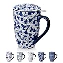 vancasso SELENE Porcelain Tea Mug, 18 oz Porcelain Tea Cup with Infuser and Lid Steeps Loose Leaf Tea, Microwave &amp; Dishwasher Safe, Blossom Cluster
