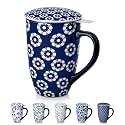vancasso SELENE Porcelain Tea Mug, 18 oz Porcelain Tea Cup with Infuser and Lid Steeps Loose Leaf Tea, Microwave & Dishwasher Safe, Daisy Cluster