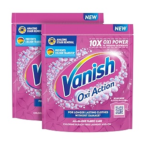 vanish 400 gm all in one powder detergent booster  stain remover for clothes  whitens whites brightens colours suitable with all washing detergent powders and liquids pack of 2