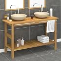 Vanity Cabinet with Sink Cream, Brown Teak Wood, Marble Top, 52-inch Double Basin, Bathroom Storage Furniture for Restroom